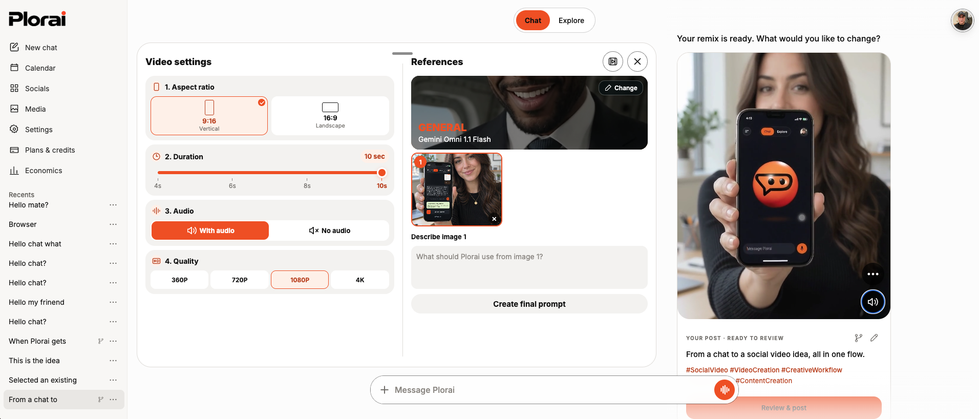 Plorai desktop chat with video settings, image references, and a video preview featuring the orange 3D mascot